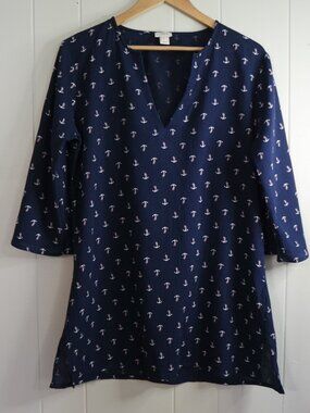 J Crew Tunic Top Navy Size Small Anchors Coastal Nautical Coverup 100% Cotton